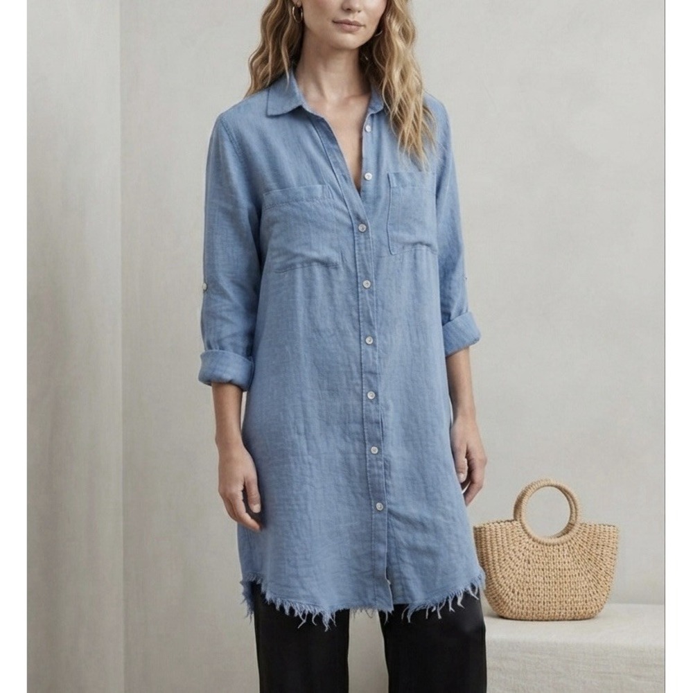 Milio Milano Coastal Blue 100% Linen Shirt Dress Frayed Hem Made in Italy M